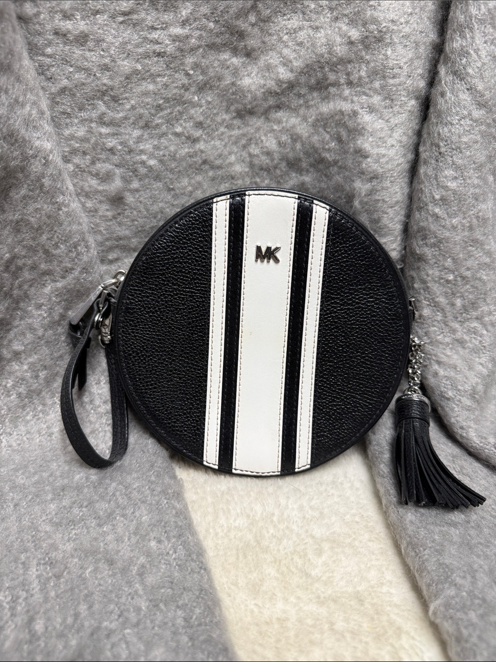 Michael Kors Black and White Round Wristlet with Tassel